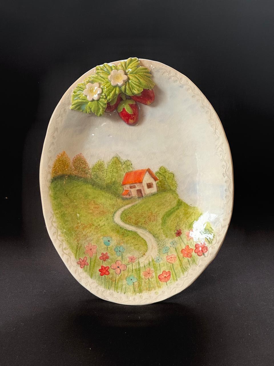 Oval scenery strawberry plate (Hut)