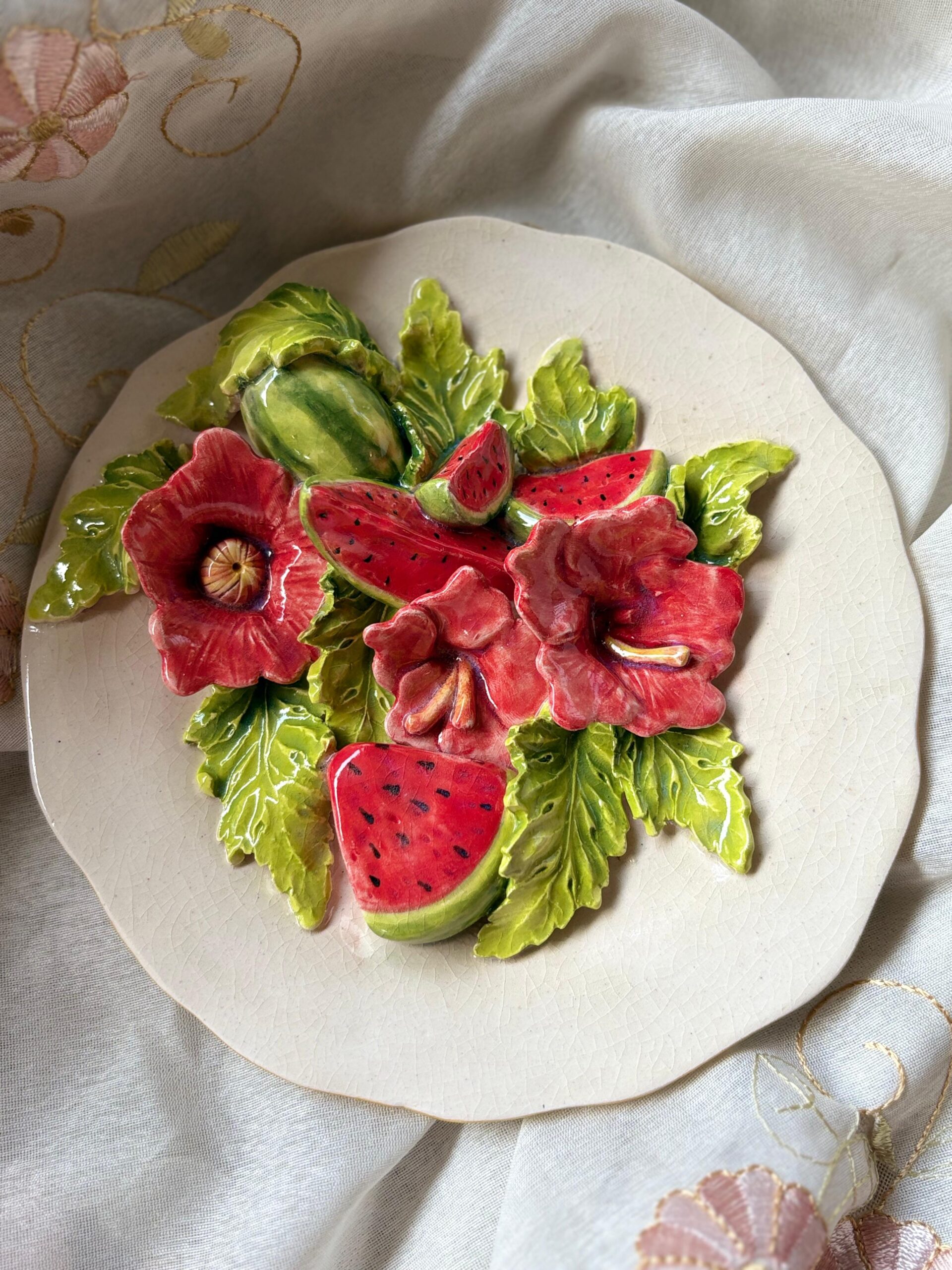 3D Hibiscus and watermelon wall plate